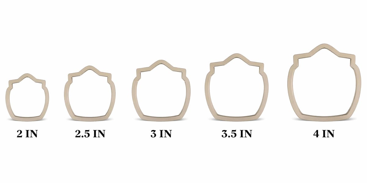 Five decorative pot outlines in increasing sizes labeled 2 IN, 2.5 IN, 3 IN, 3.5 IN, and 4 IN
