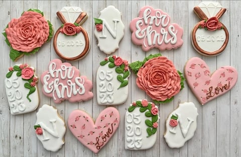 Decorated wedding cookies in pink and white with roses, engagement rings, hearts, and love-themed designs on wooden background