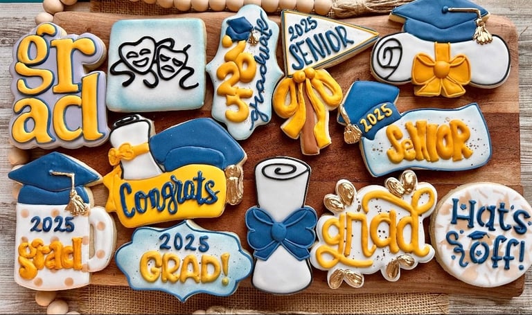 Decorative graduation-themed cookies featuring blue graduation caps, gold and white frosting, congratulatory text, and class year 2025 on wooden surface