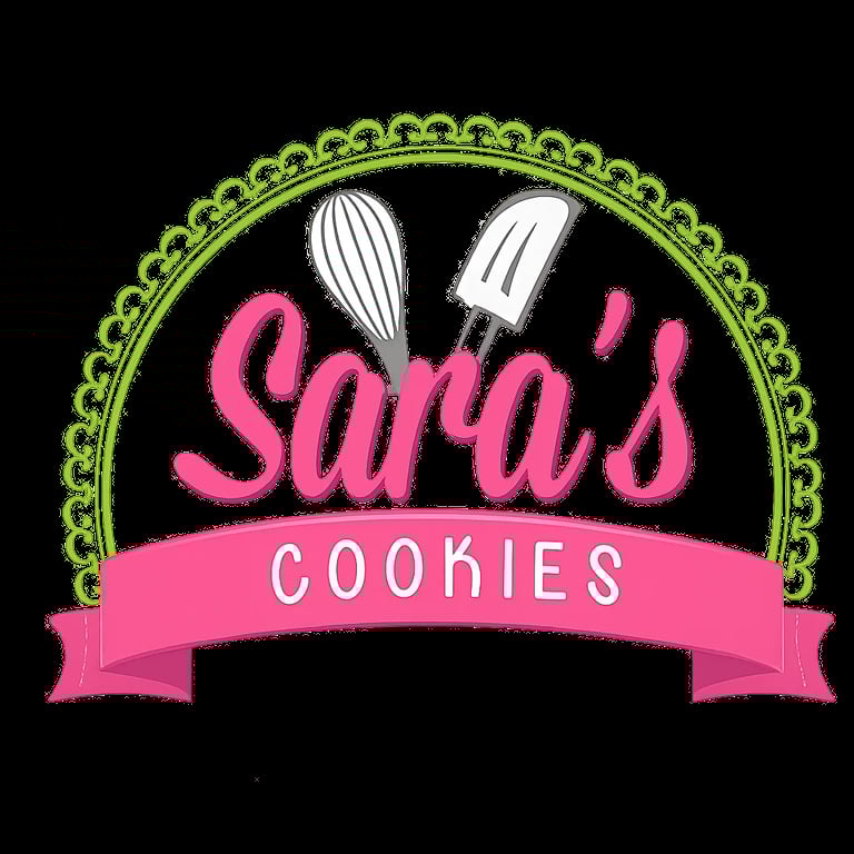 Saras Cookies logo featuring pink text with baking utensils and a decorative green circular border